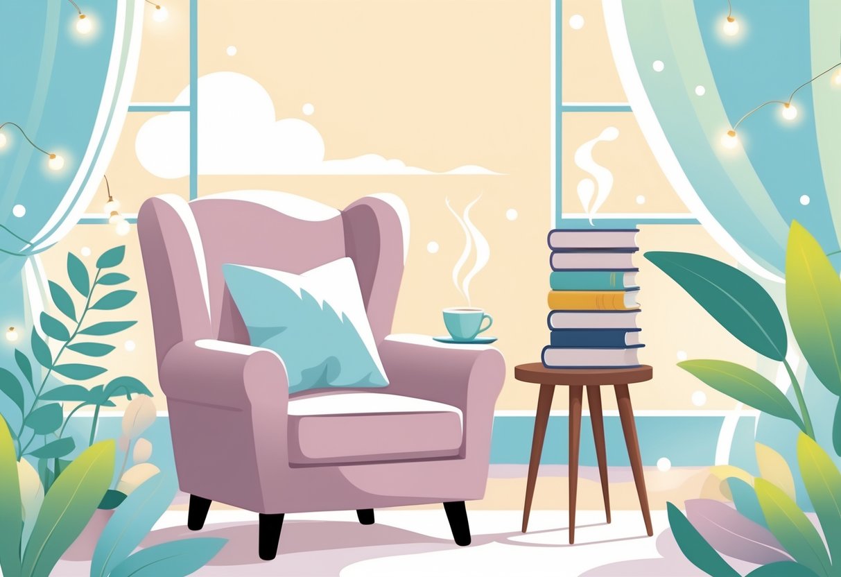 A cosy reading nook with an armchair, a side table holding a cup of tea, and a stack of six books, surrounded by plants and soft lighting by a window.