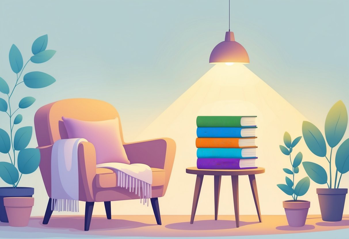 A cozy reading nook with an armchair, a small table stacked with six books, a steaming cup, plants, and a glowing lamp.