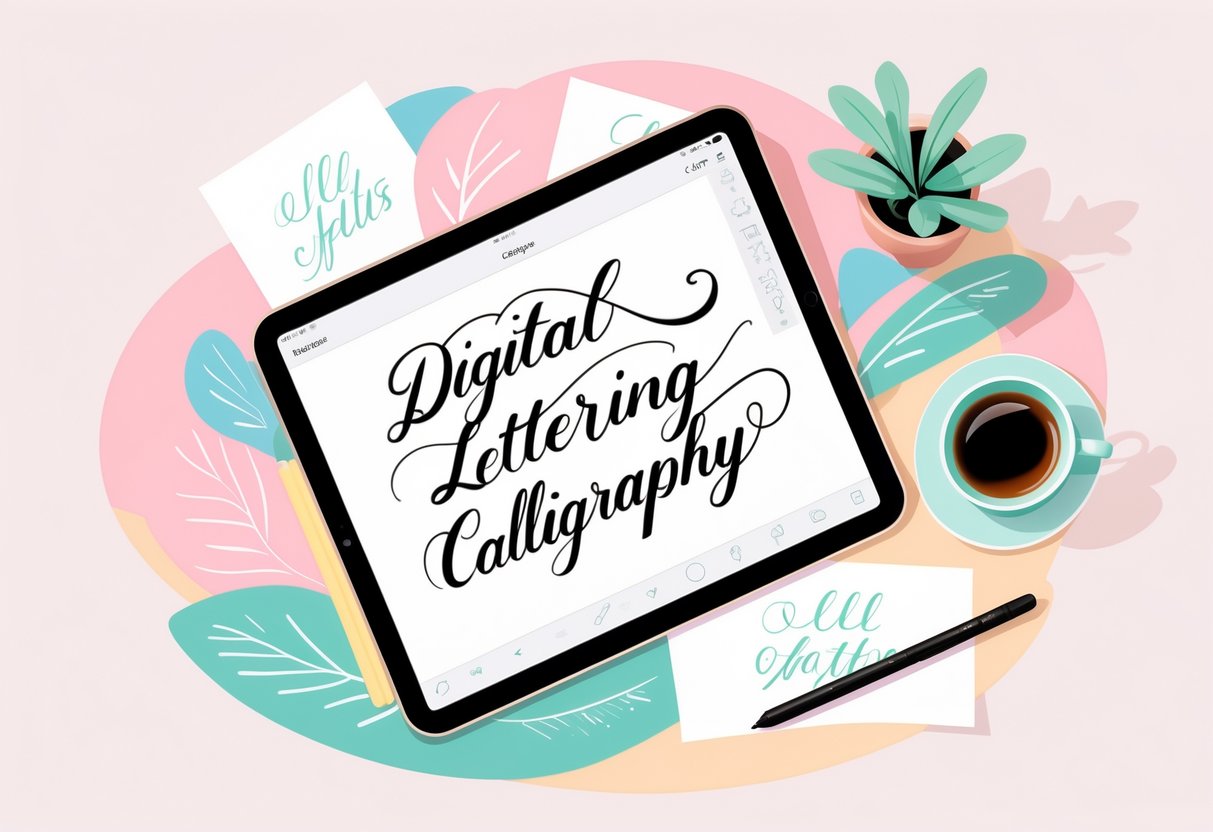 A workspace with an iPad showing calligraphy strokes, a stylus, a cup, a small plant, and papers arranged on a light surface.