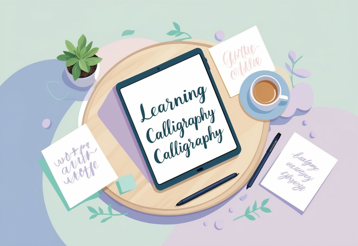 A tidy desk with an iPad, stylus, a small plant, a cup, and papers with calligraphy strokes.