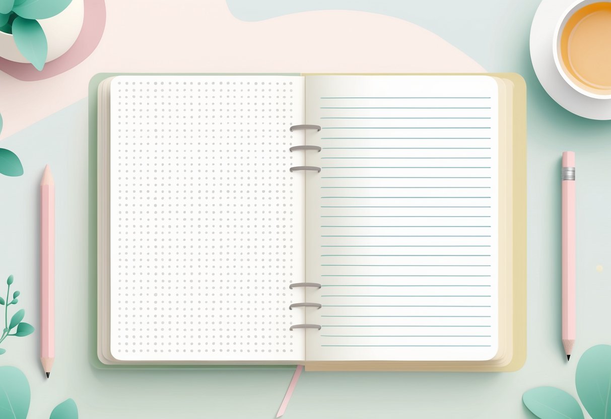 Two open student notebooks side by side, one with ruled lines and neat handwriting, the other with dotted pages and clear handwriting, surrounded by stationery on a light background.