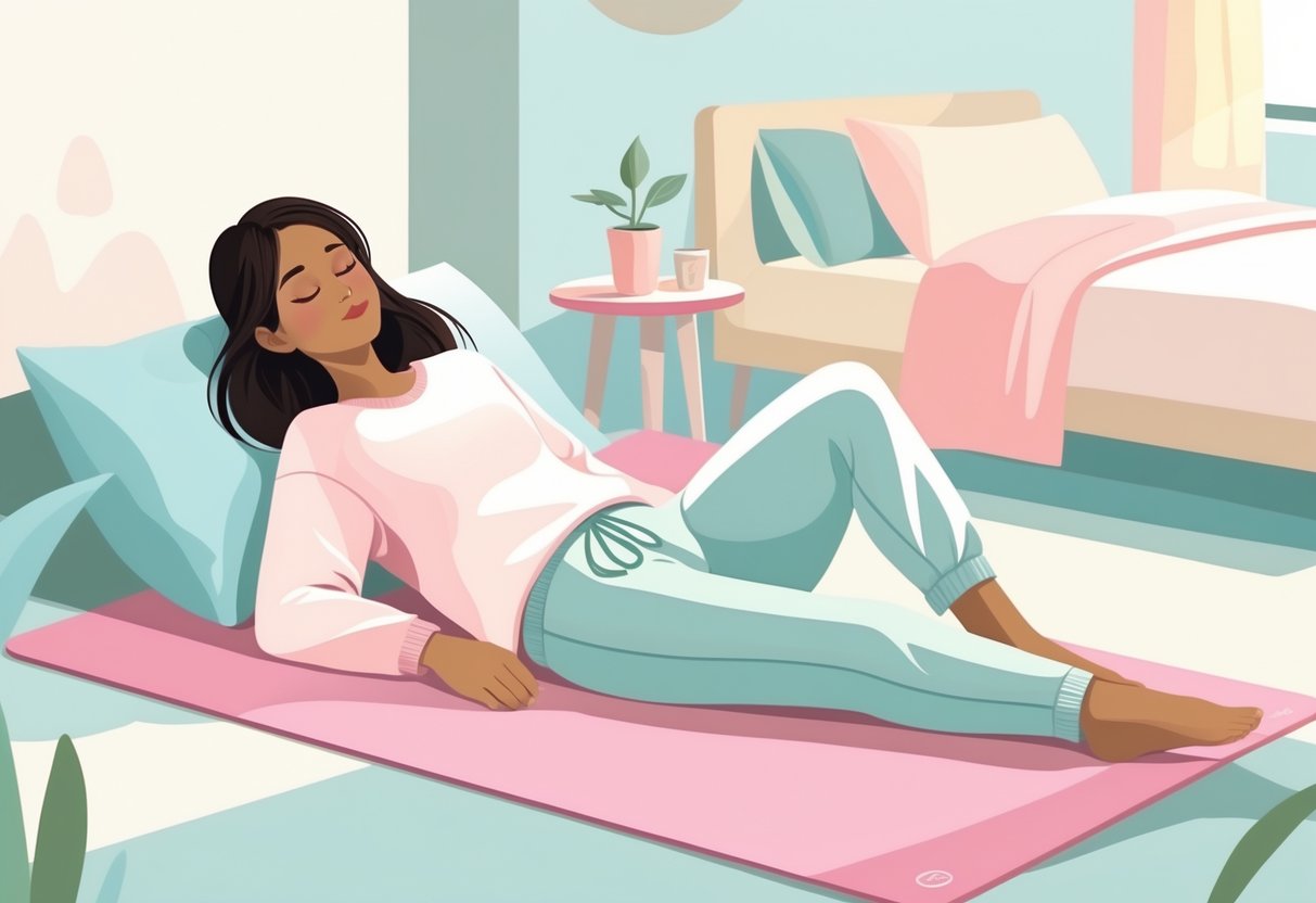 Illustration of a woman doing the body scan excercise in her bedroom, as part of her daily mindfulness practice