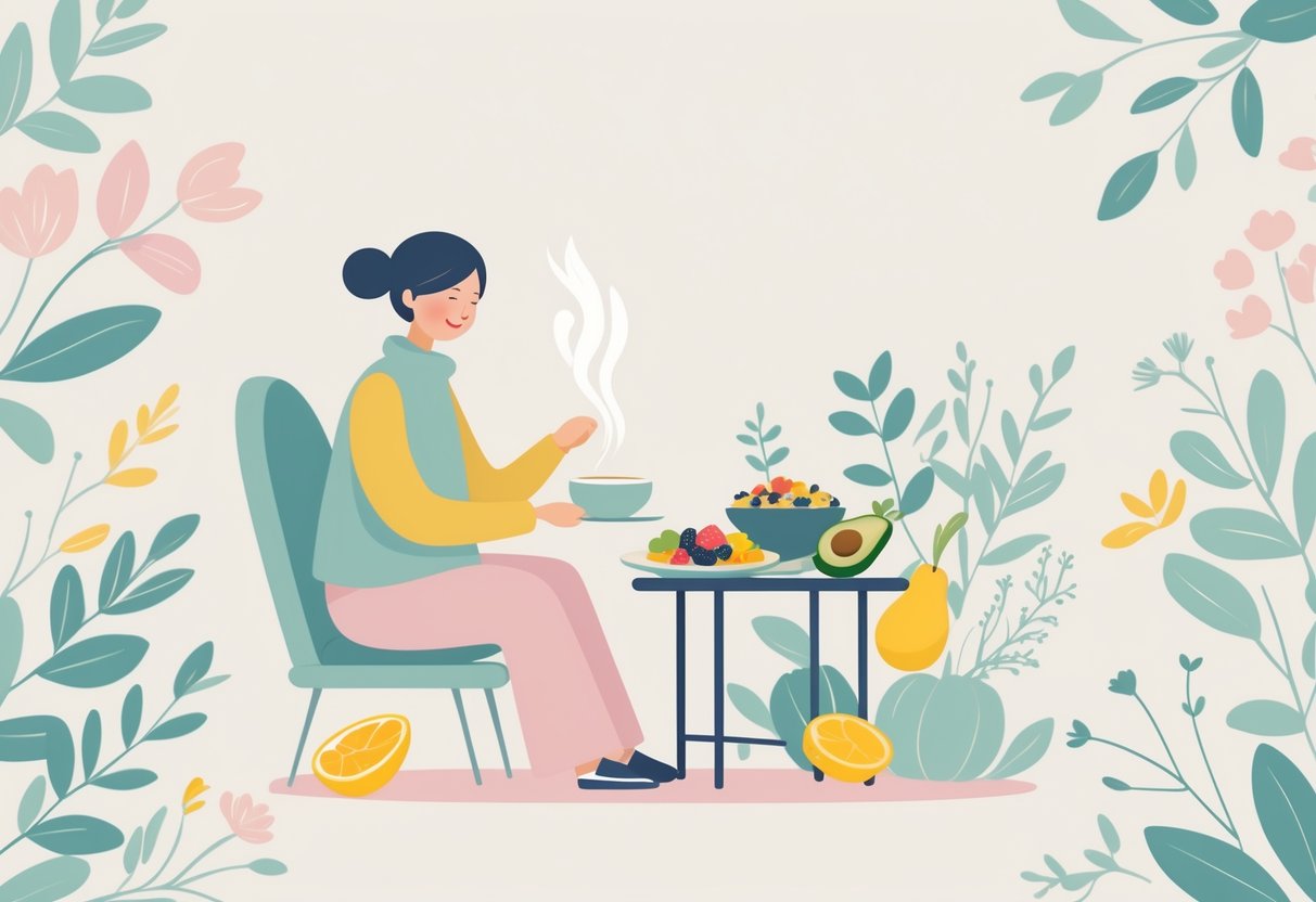 Illustration of a woman at a table with nutricious food, about to eat her lunch in a mindful way