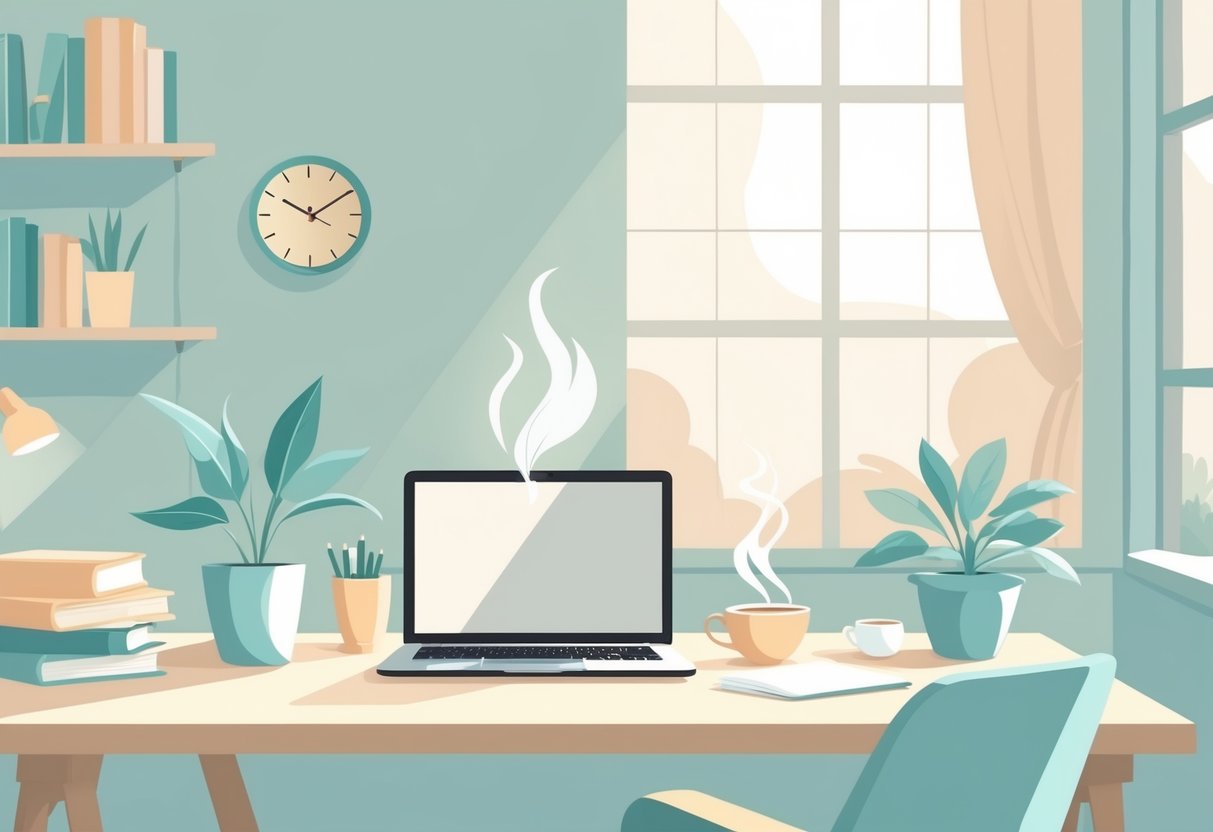 A tidy desk with a laptop, a steaming cup, a small plant, and a window letting in soft natural light.