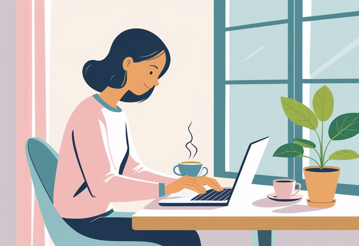 A person sitting at a desk by a window, working on a laptop with a cup of tea and a plant nearby.