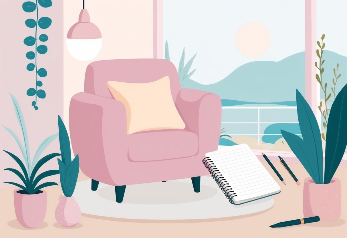 A serene and tranquil setting with a cozy chair, a journal, and a pen, surrounded by soft lighting and natural elements like plants and a calming view