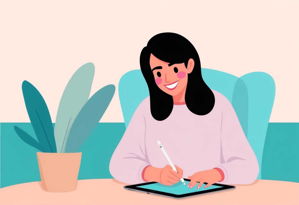 A young woman journaling on her digital journal on her tablet