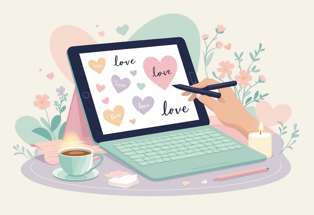 Illustration of digital journaling with prompts about love