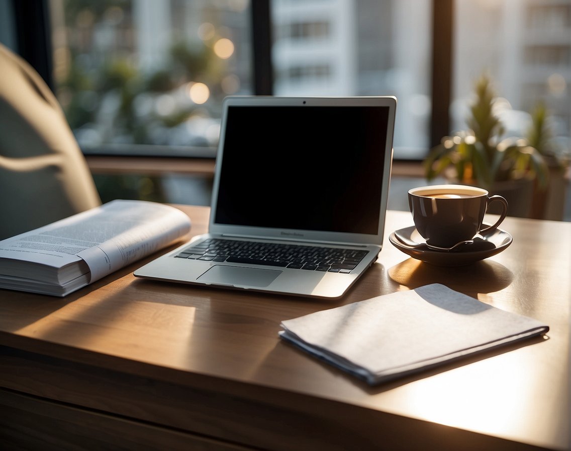 A clutter-free desk with a a stack of documents and a laptop