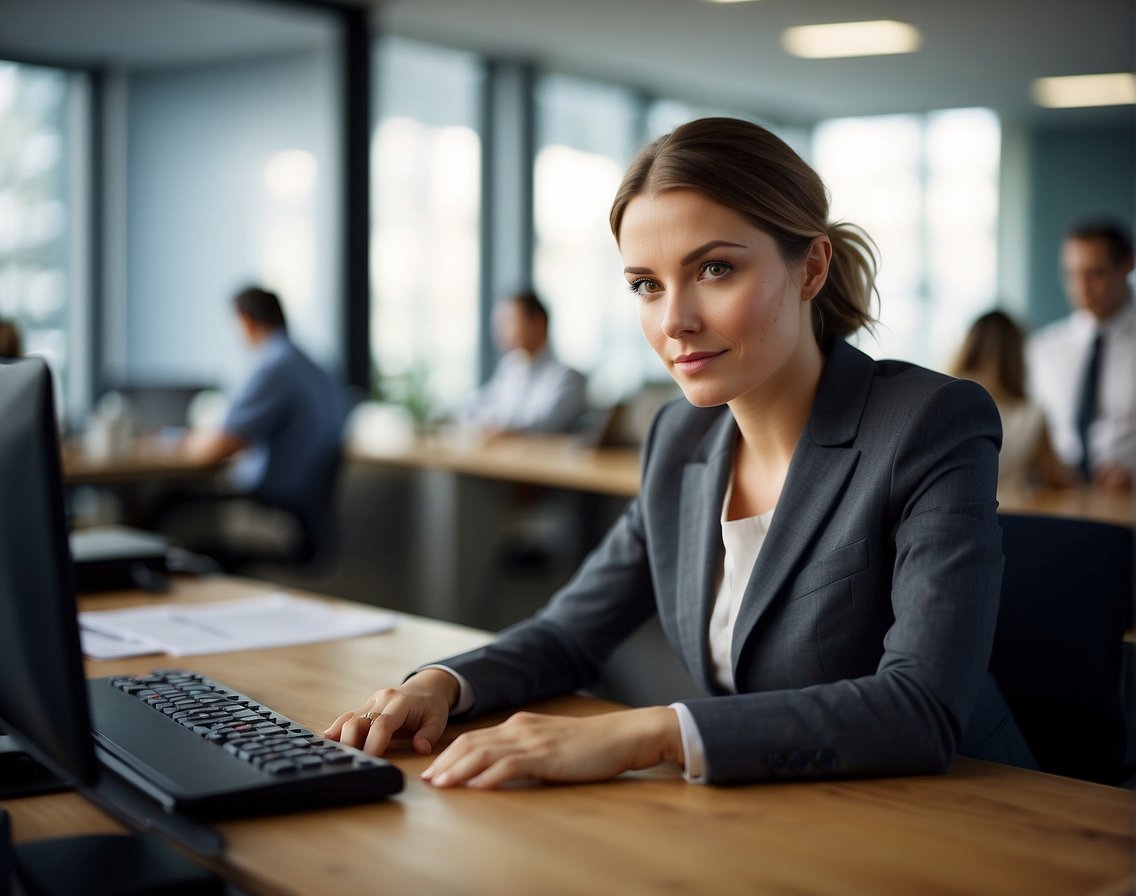 A female CEO at her desk, surrounde by her team