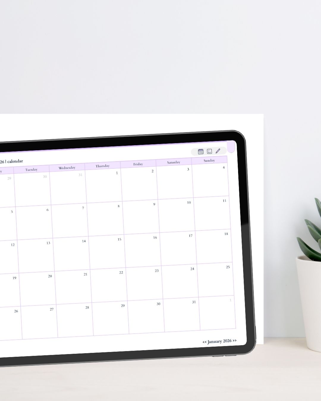 Monthly pages of Planjuli 2026 Luminous Lilac Digital Planner with monthly calendar, notes space and planning sections for digital planning on iPad