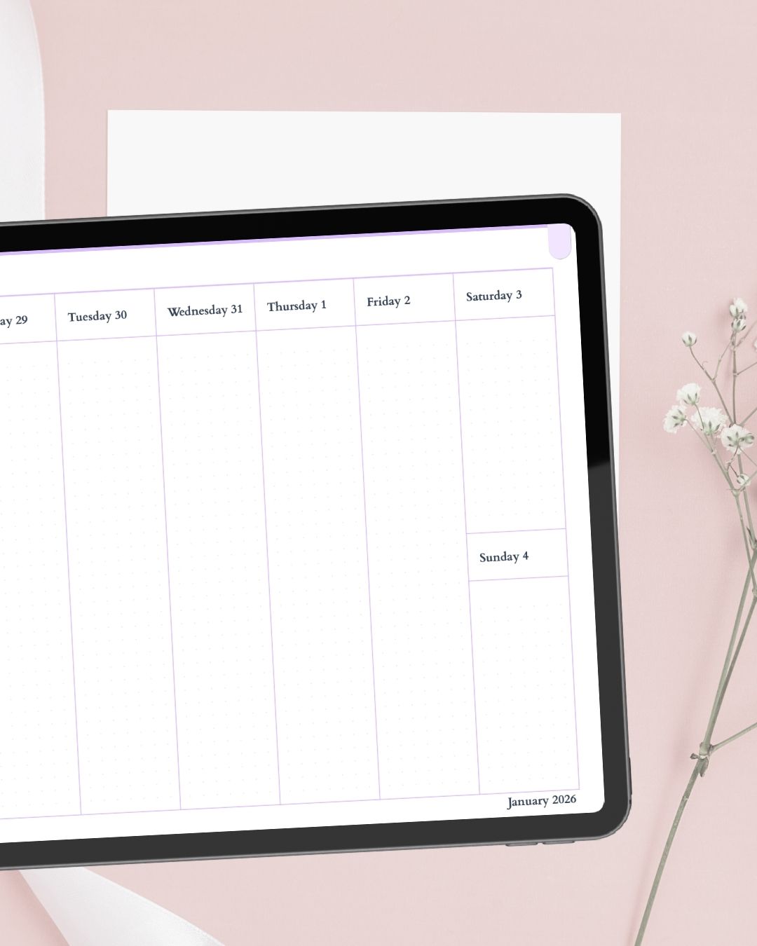 Weekly pages of Planjuli 2026 Luminous Lilac Digital Planner with weekly view layout for organizing activities and appointments on iPad and Android tablets