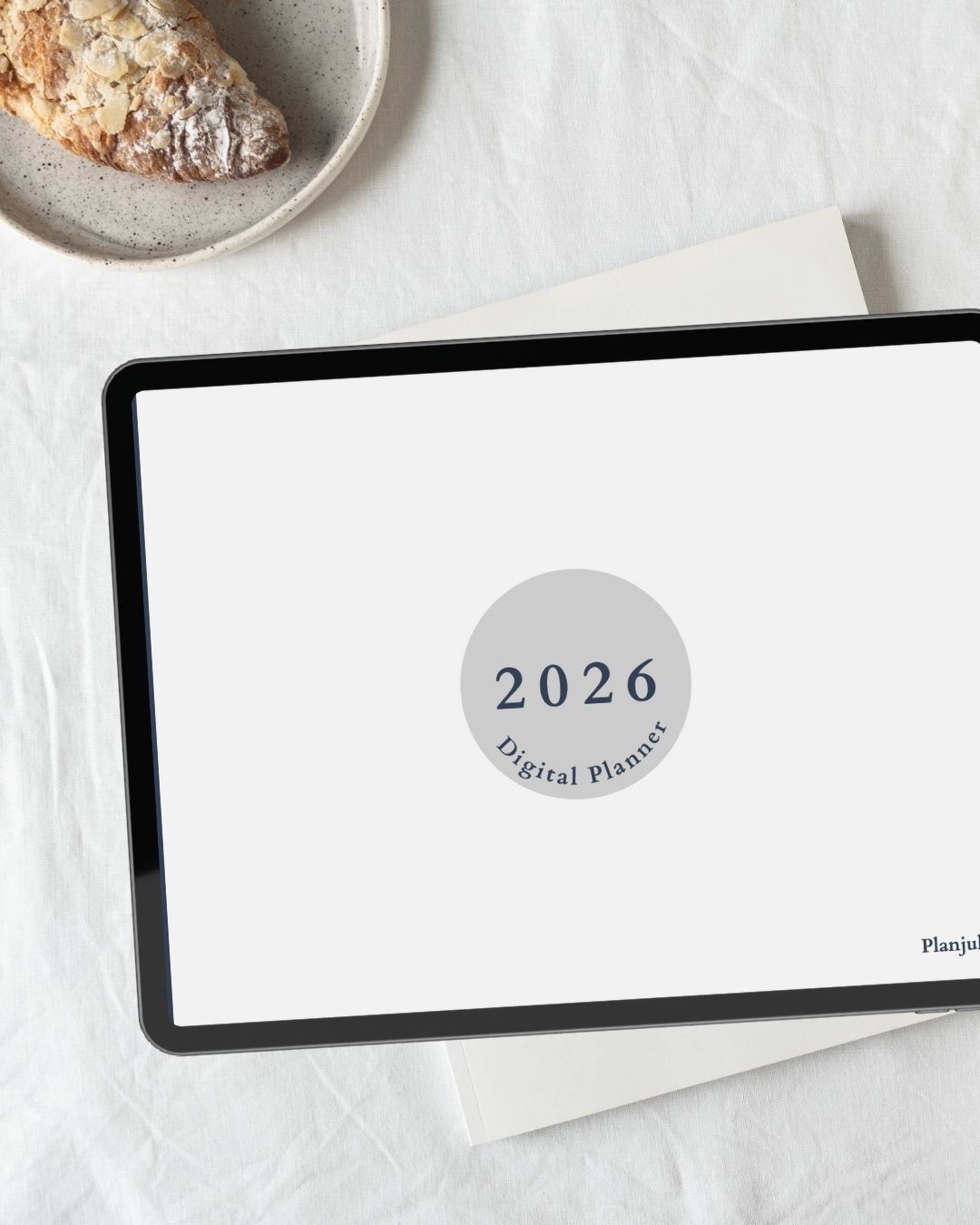 Cover of Planjuli 2026 Monochromatic Digital Planner edition, minimalist digital planner PDF for iPad, iPad Pro and Android tablets compatible with Goodnotes and Notability