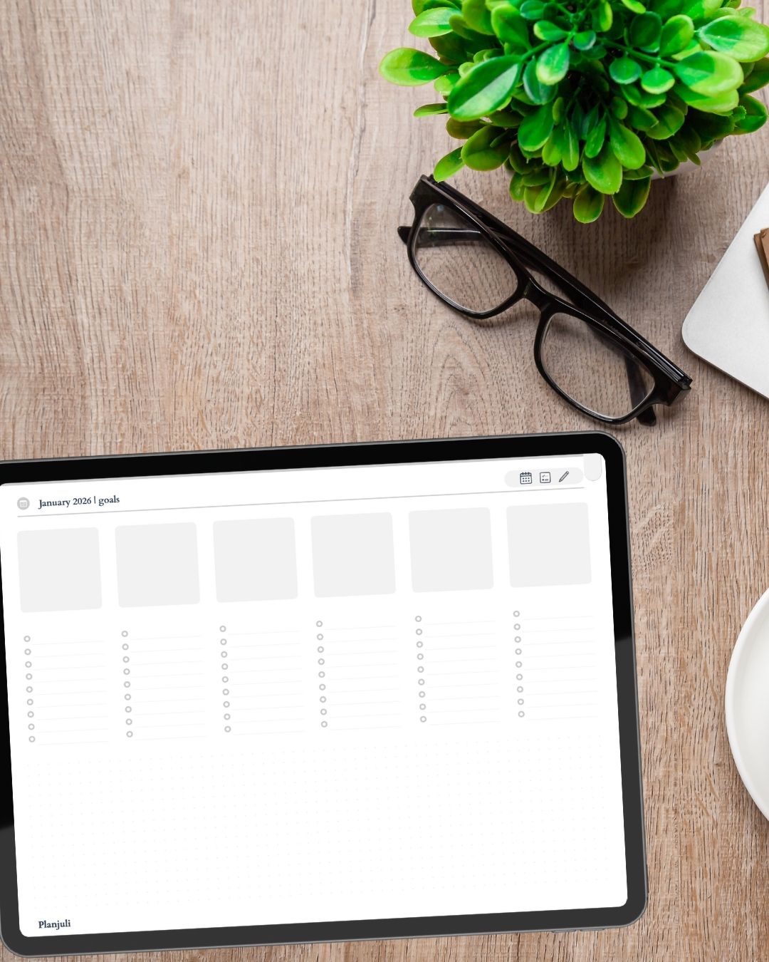 Monthly goal-setting pages of Planjuli 2026 Monochromatic Digital Planner for tracking monthly objectives and strategic planning on Goodnotes