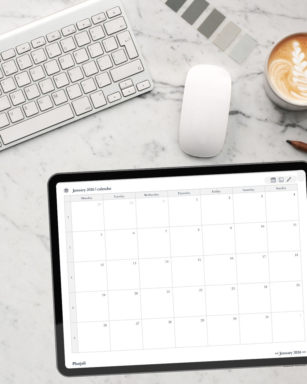 Monthly pages of Planjuli 2026 Monochromatic Digital Planner with monthly calendar, notes space and planning sections for digital planning on iPad