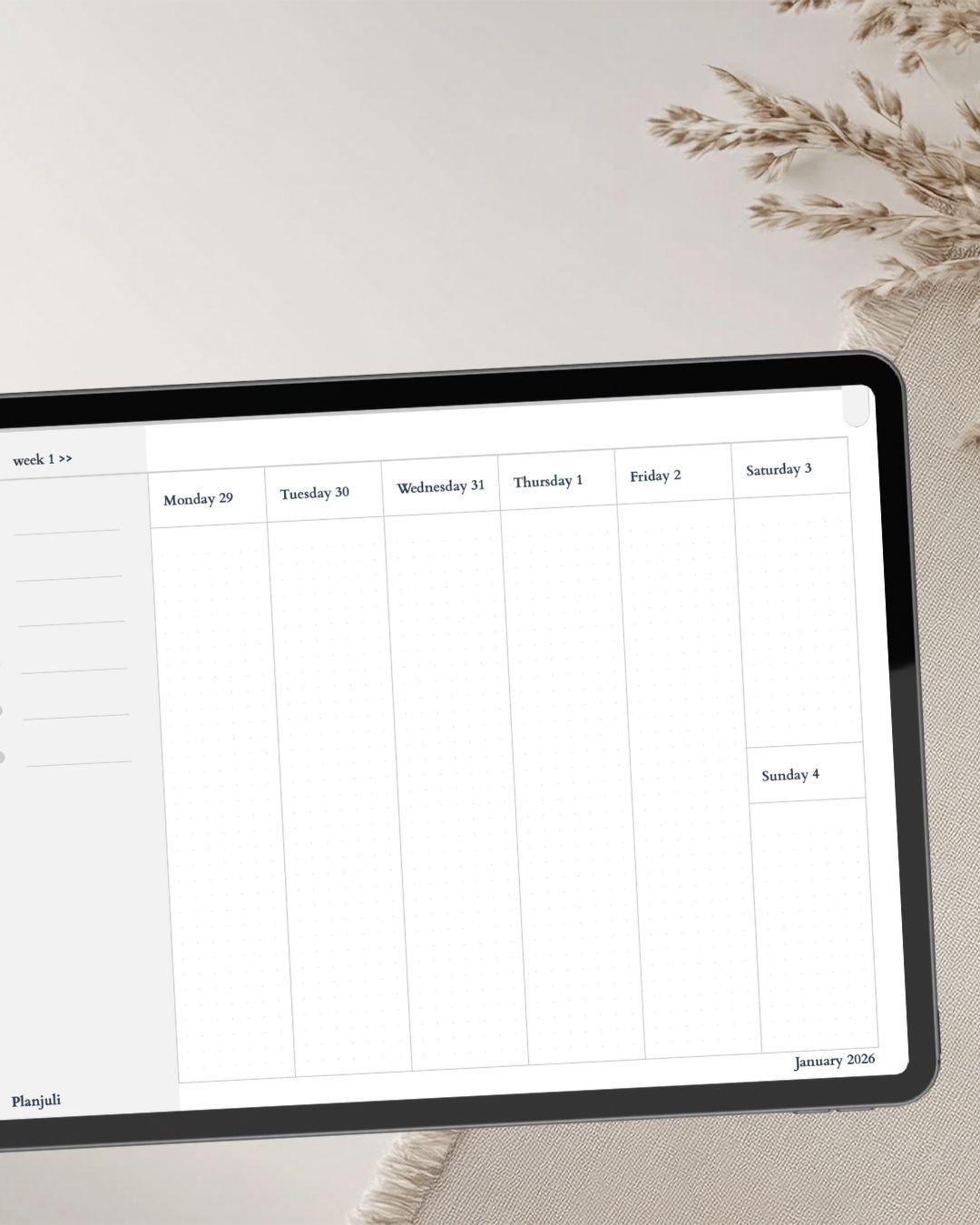 Weekly pages of Planjuli 2026 Monochromatic Digital Planner with weekly view layout for organizing activities and appointments on iPad and Android tablets