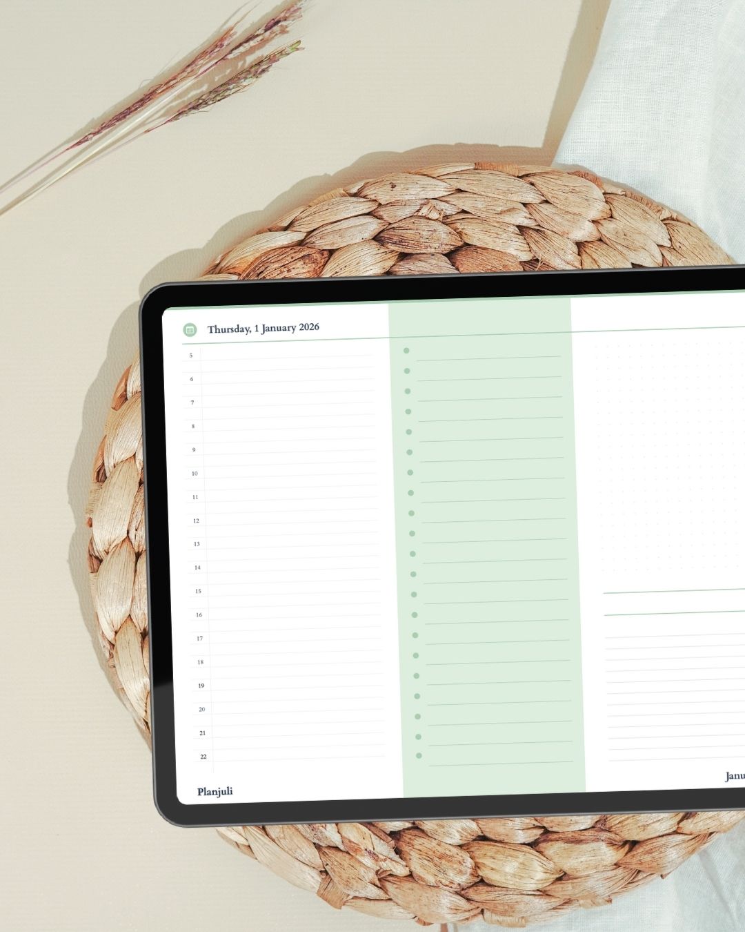 Daily pages of Planjuli 2026 Pastel Green Digital Planner with daily layout for daily planning, to-do lists and notes on Goodnotes and digital planning apps