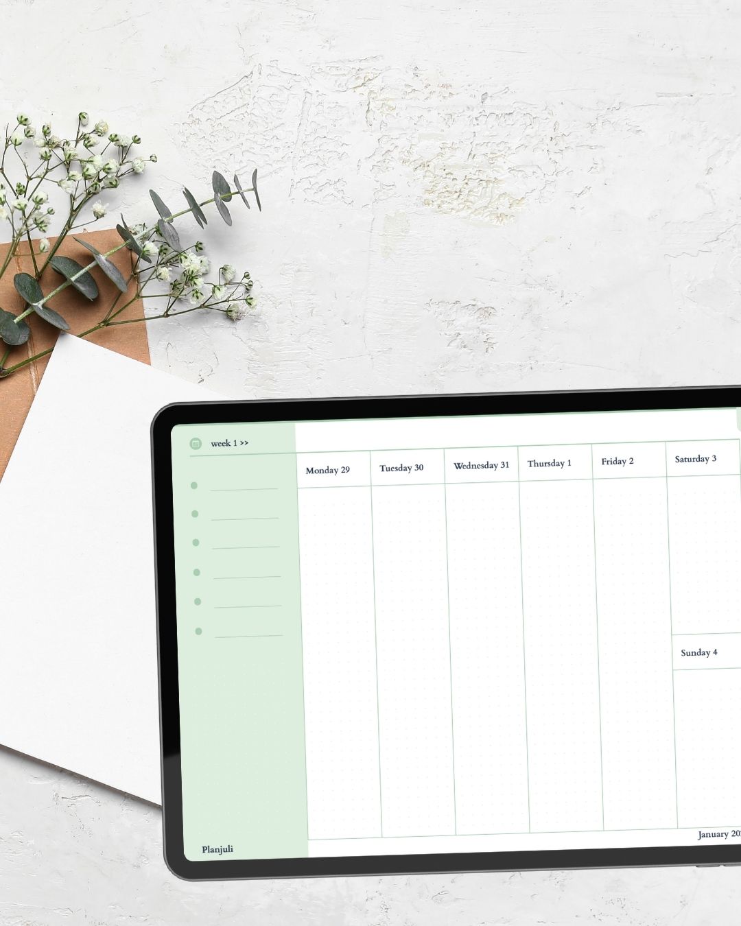 Weekly pages of Planjuli 2026 Pastel Green Digital Planner with weekly view layout for organizing activities and appointments on iPad and Android tablets