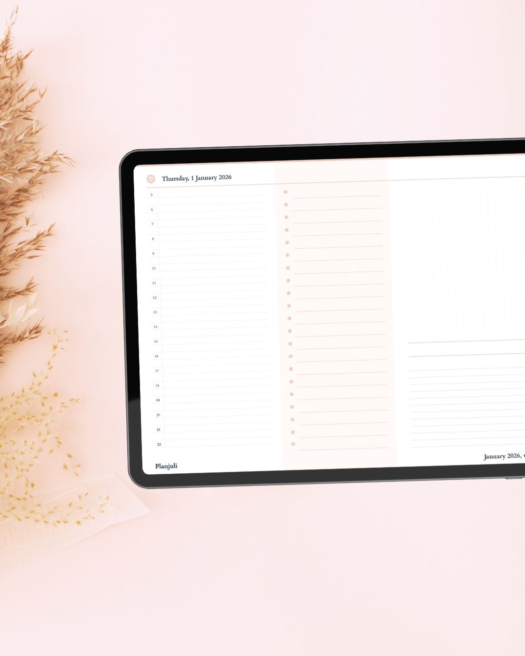 Daily pages of Planjuli 2026 Warm Ivory Digital Planner with daily layout for daily planning, to-do lists and notes on Goodnotes and digital planning apps