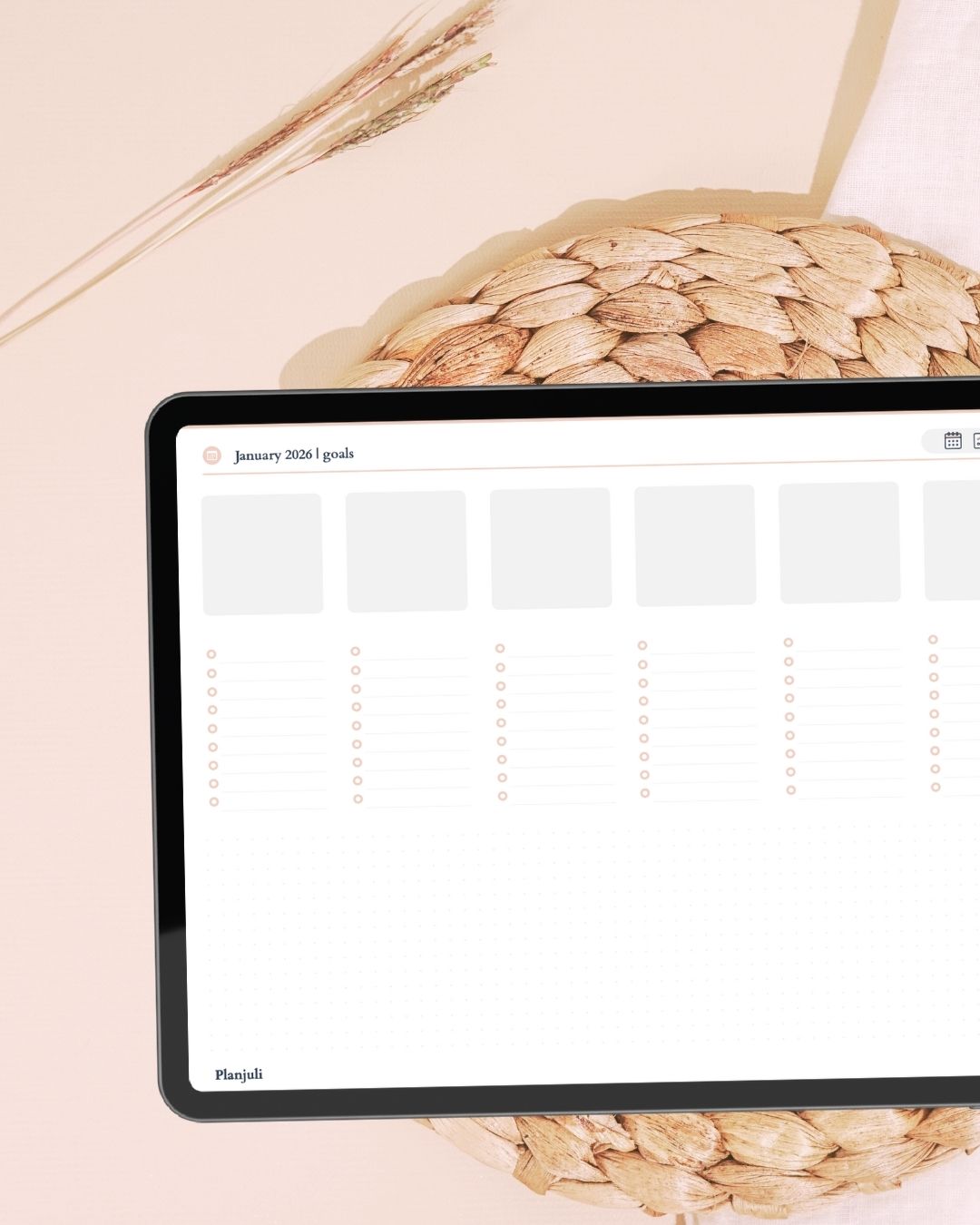 Goal-setting pages of Planjuli 2026 Warm Ivory Digital Planner for tracking objectives and strategic planning on Goodnotes