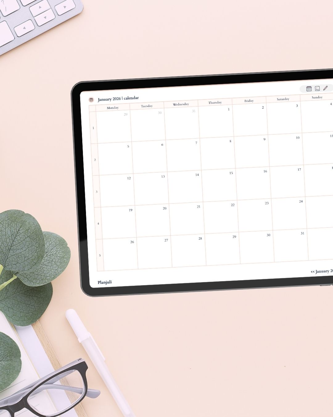 Monthly pages of Planjuli 2026 Warm Ivory Digital Planner with monthly calendar, notes space and planning sections for digital planning on iPad