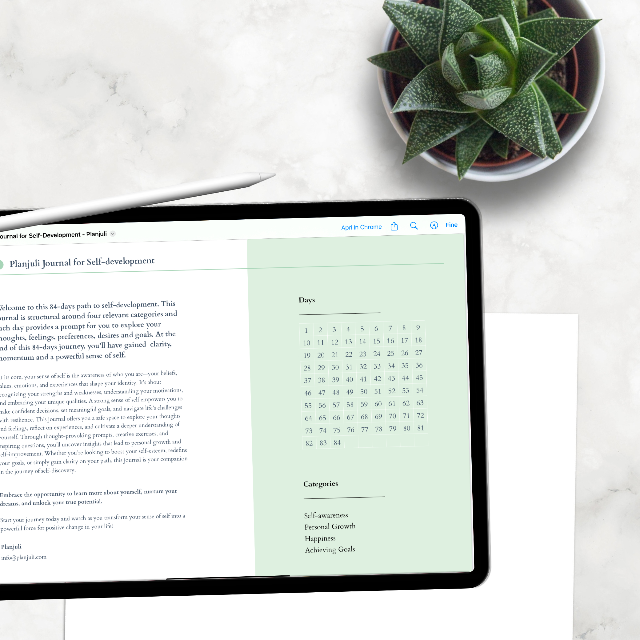 White desk with a plant and a digital journal for self-development open on iPad