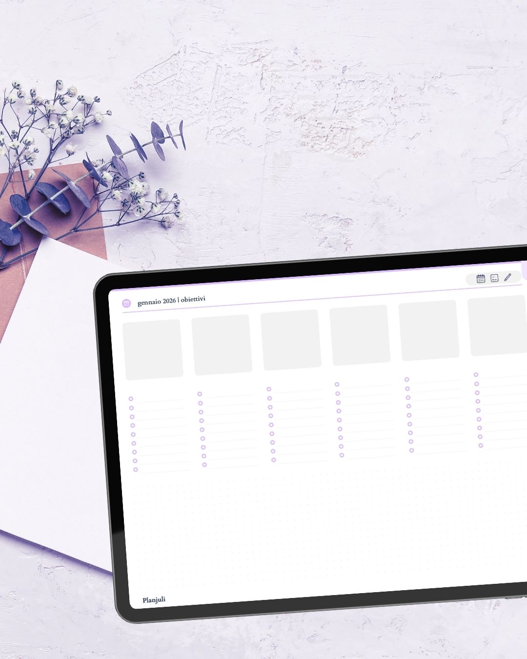 Pagine mensili con sezione obiettivi dell'agenda digitale Planjuli 2026 Lilla Luminoso per tracciare obiettivi mensili e pianificazione strategica su Goodnotes