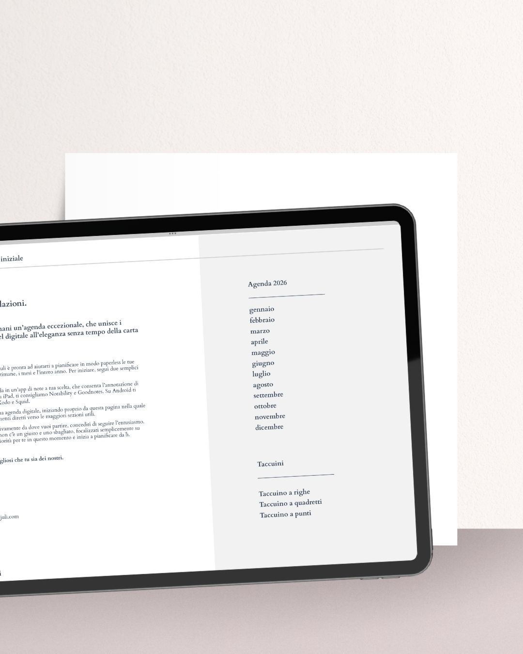 Ipad con aperta agenda digitale Planjuli 2026 alla pagina dell'indice interattivo