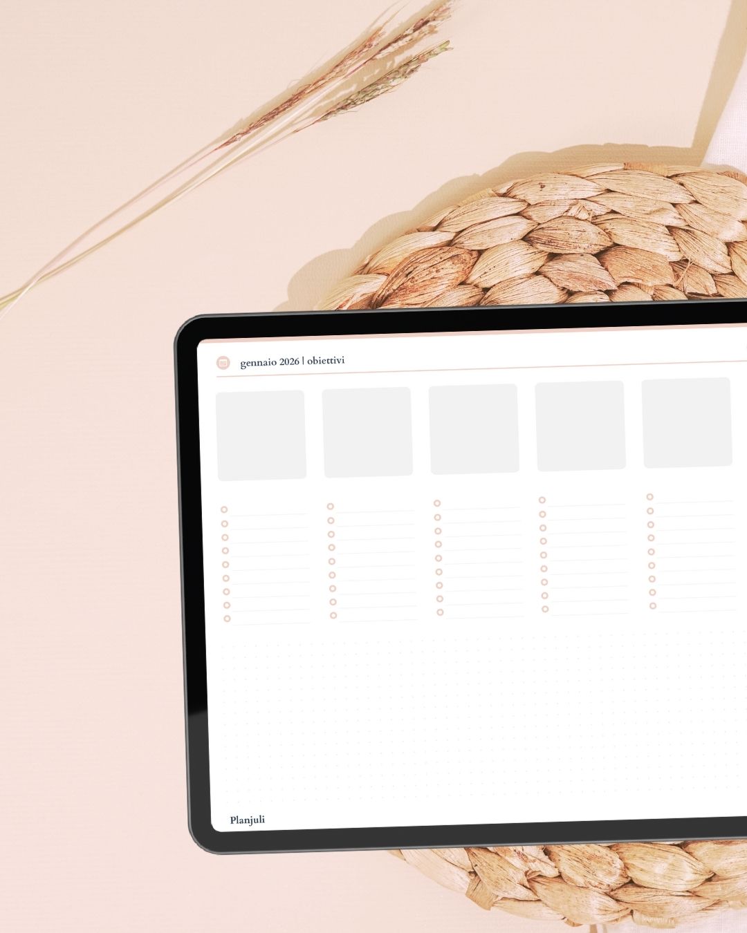 Pagina mensile per definire gli obiettivi nell'agenda digitale 2026 di Planjuli, nel colore simposio d'avorio