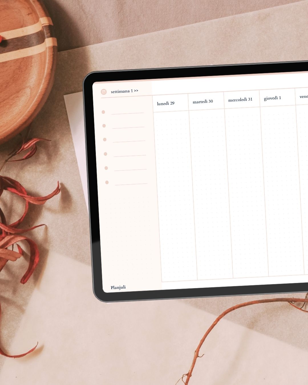 Pagine settimanali dell'agenda digitale 2026 di Planjuli, colore simposio d'avorio, con collegamenti ipertestuali. Ottima per digital planning.