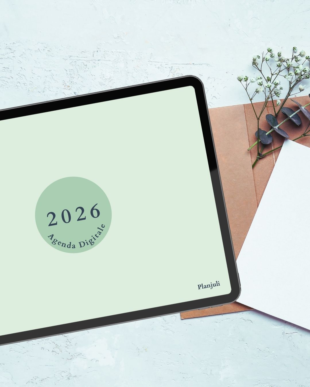 Copertina dell'agenda digitale Planjuli 2026 edizione Verde Pastello, planner digitale PDF per iPad, iPad Pro e tablet Android compatibile con Goodnotes e Notability