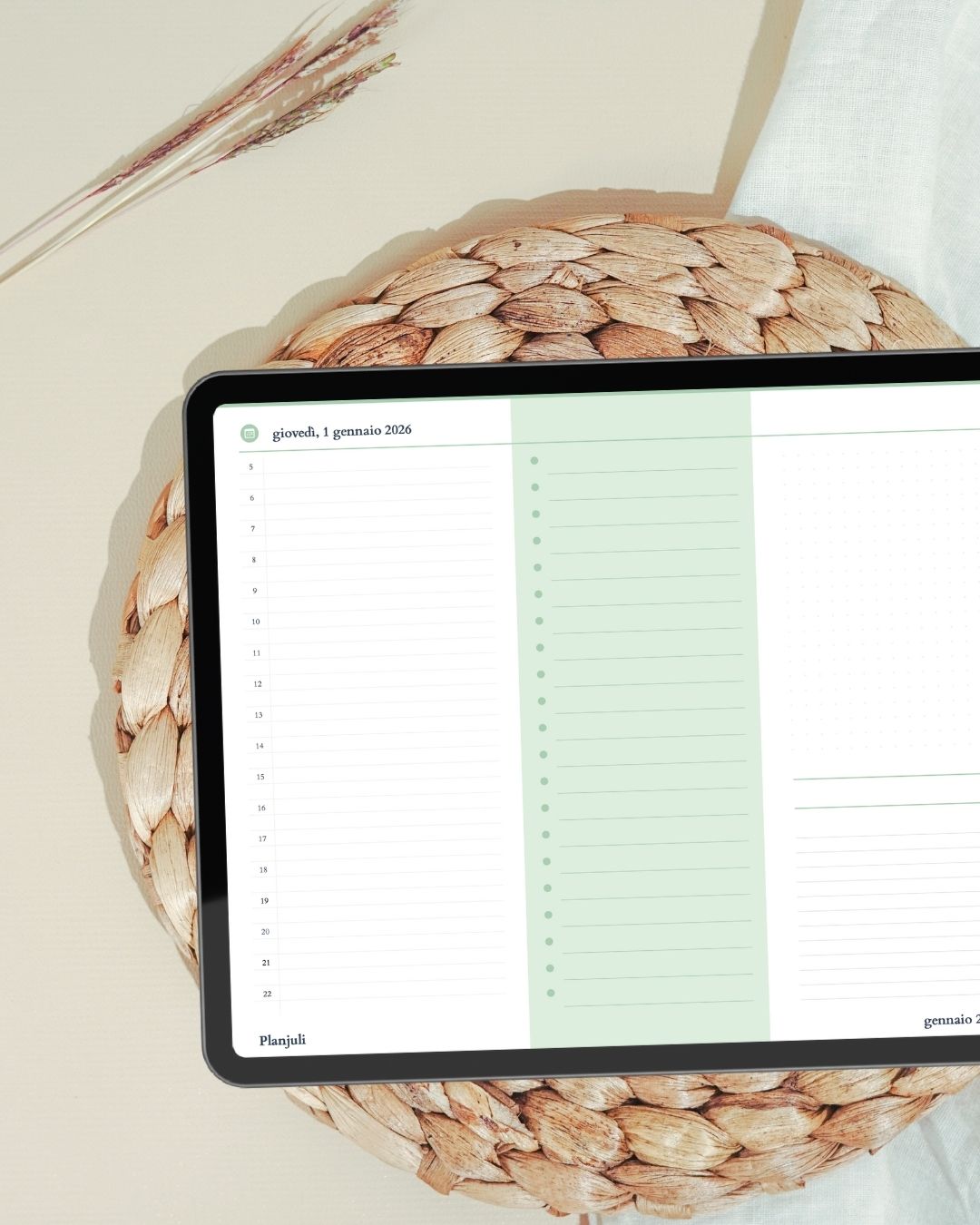 Pagine giornaliere dell'agenda digitale Planjuli 2026 Verde Pastello con layout giornaliero per pianificazione quotidiana, to-do list e note su Goodnotes e app digital planning