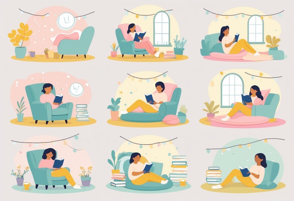 Nove scene accoglienti di persone e animali che leggono libri in ambienti confortevoli con luci calde e atmosfere morbide.
