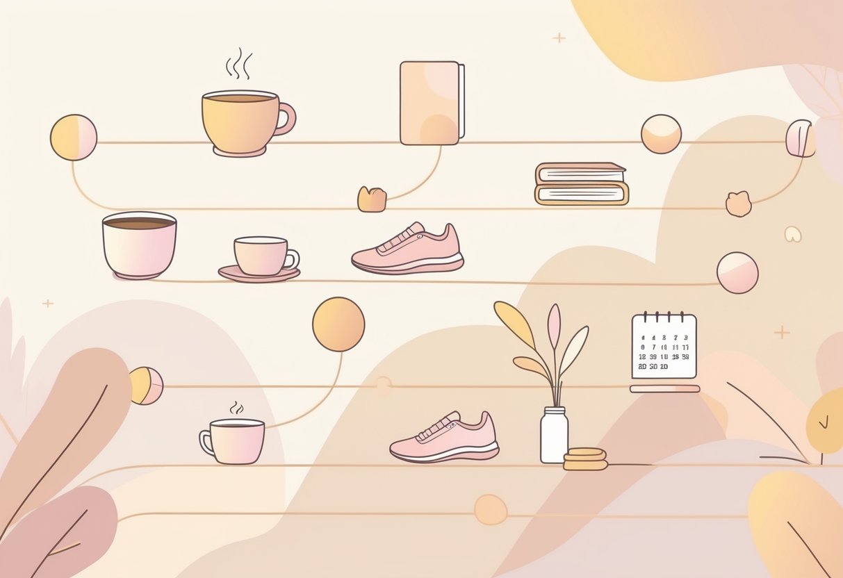 Una serie di icone connesse che rappresentano abitudini quotidiane come bere il caffè, leggere, fare esercizio e monitorare i progressi, disposte a simboleggiare la costruzione di routine.