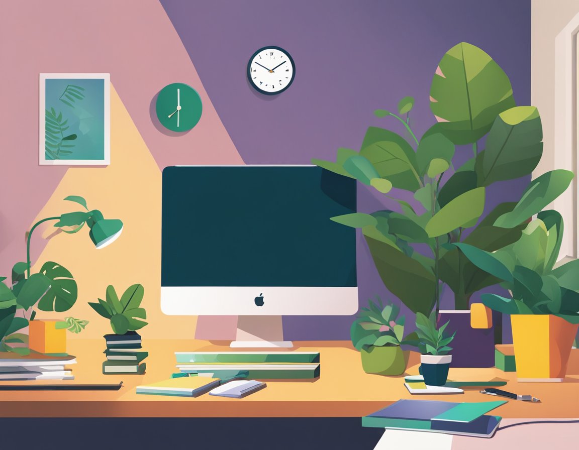 Una scrivania con un computer, un quaderno e documenti sparsi. Un orologio sul muro mostra il tempo che passa. Una pianta si trova nell&rsquo;angolo, aggiungendo un tocco di verde allo spazio di lavoro