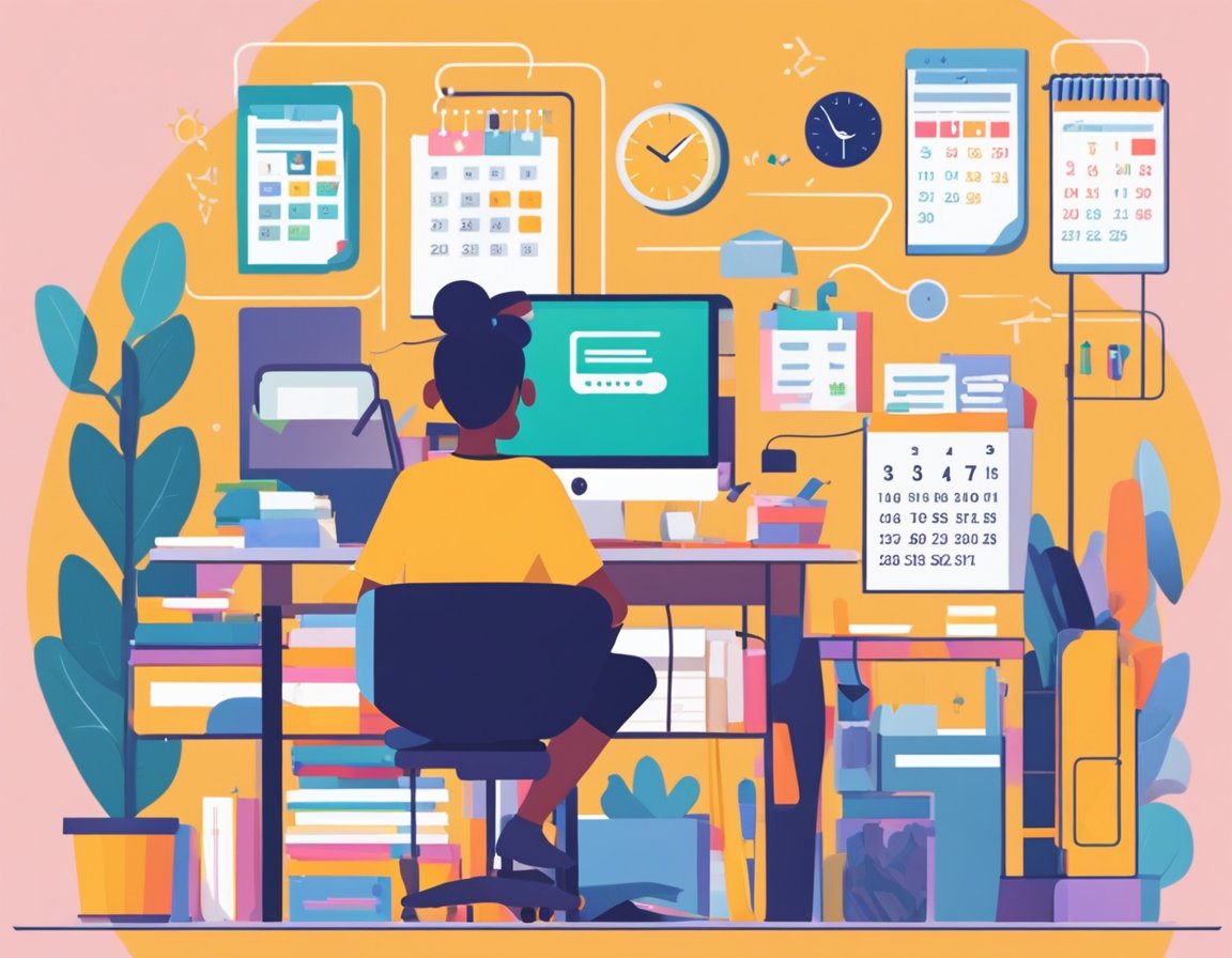 Una scrivania ordinata con forniture organizzate, un calendario con scadenze precise e una persona concentrata che lavora con un obiettivo chiaro in mente