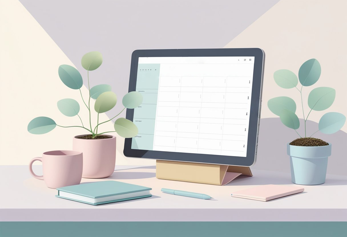 Una scrivania ordinata con un tablet che mostra un planner digitale, una tazza di caffè, un taccuino, una penna e una piccola pianta.
