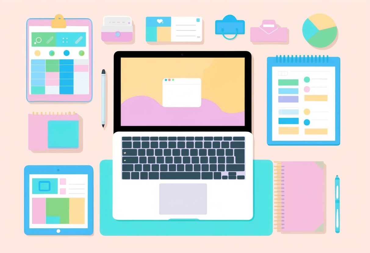 Una scrivania con laptop, tablet e stilo circondati da strumenti e accessori colorati per il planning digitale