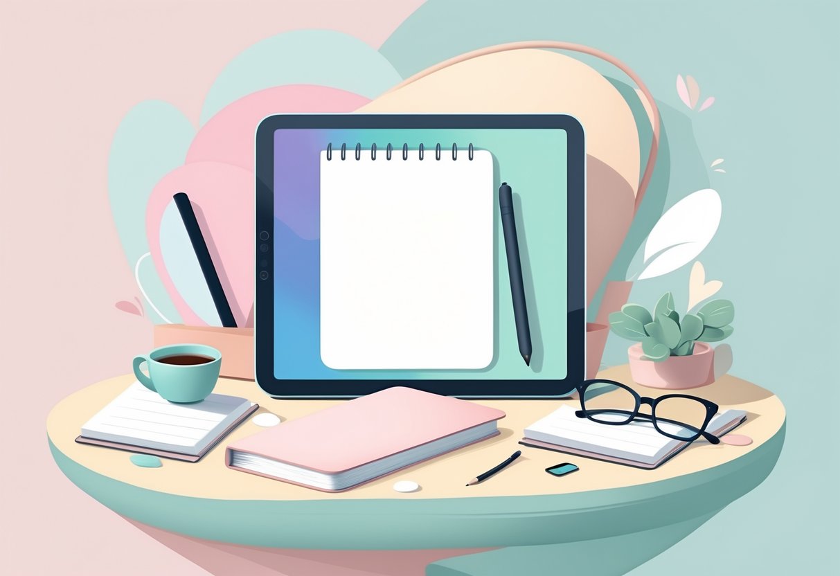 Una postazione accogliente con iPad e pennino su una scrivania chiara, circondato da un quaderno, una tazza di tè, occhiali e una piccola pianta.