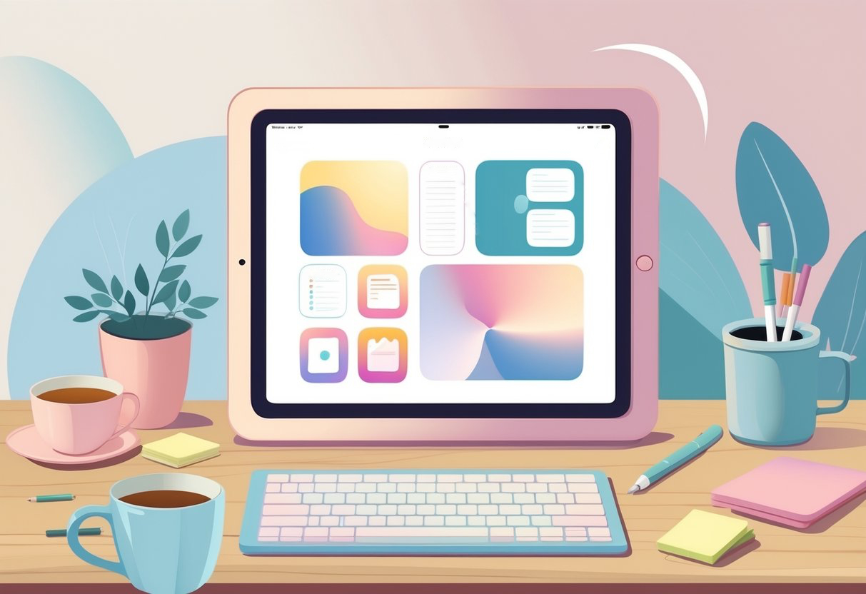 Una persona seduta alla scrivania usa un iPad circondato da una tazza di tè, una pianta e cancelleria.