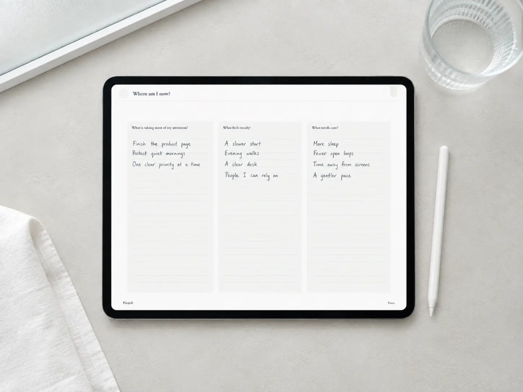 Monochromatic September Reset journal open to the Where am I now reflective check-in page.